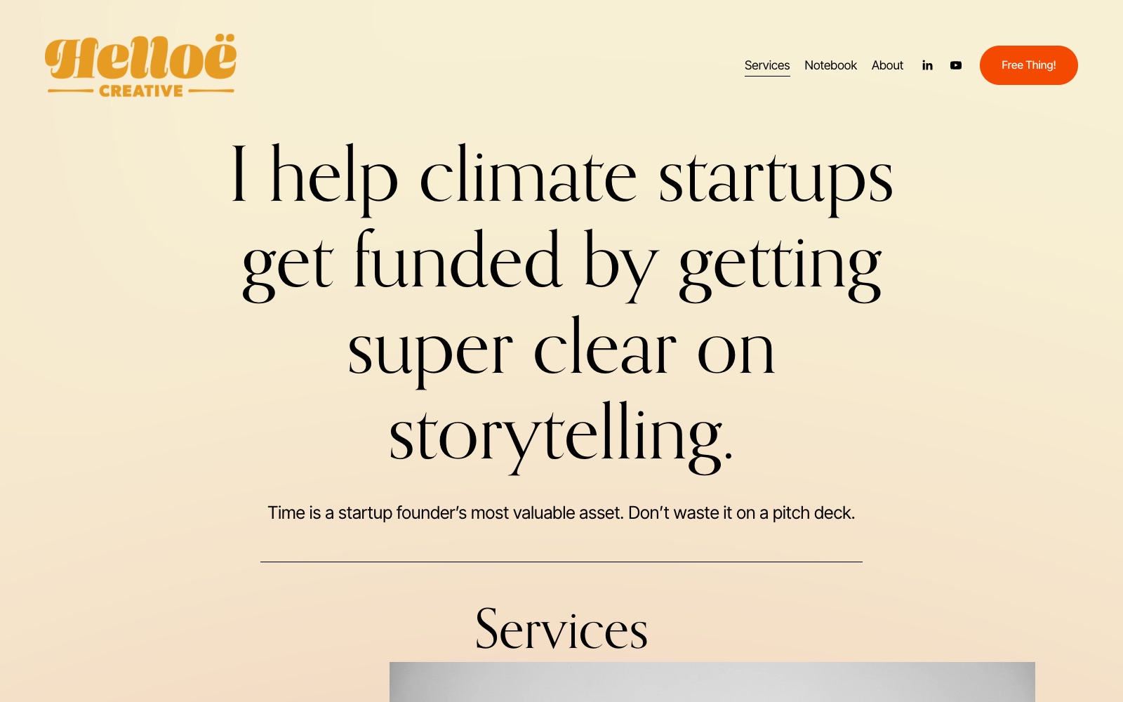 Pitch Deck Agencies for Climate Tech Startups, Energy and Biotech Founders 3 Helloë Creative homepage screenshot: pitch deck agency for climate, energy and biotech startups